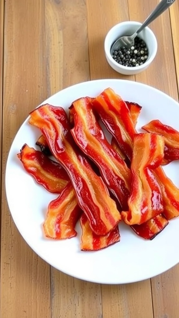 Crispy Air Fryer Bacon Recipe Crispy air fryer bacon strips on a white plate with a rustic wooden table background.